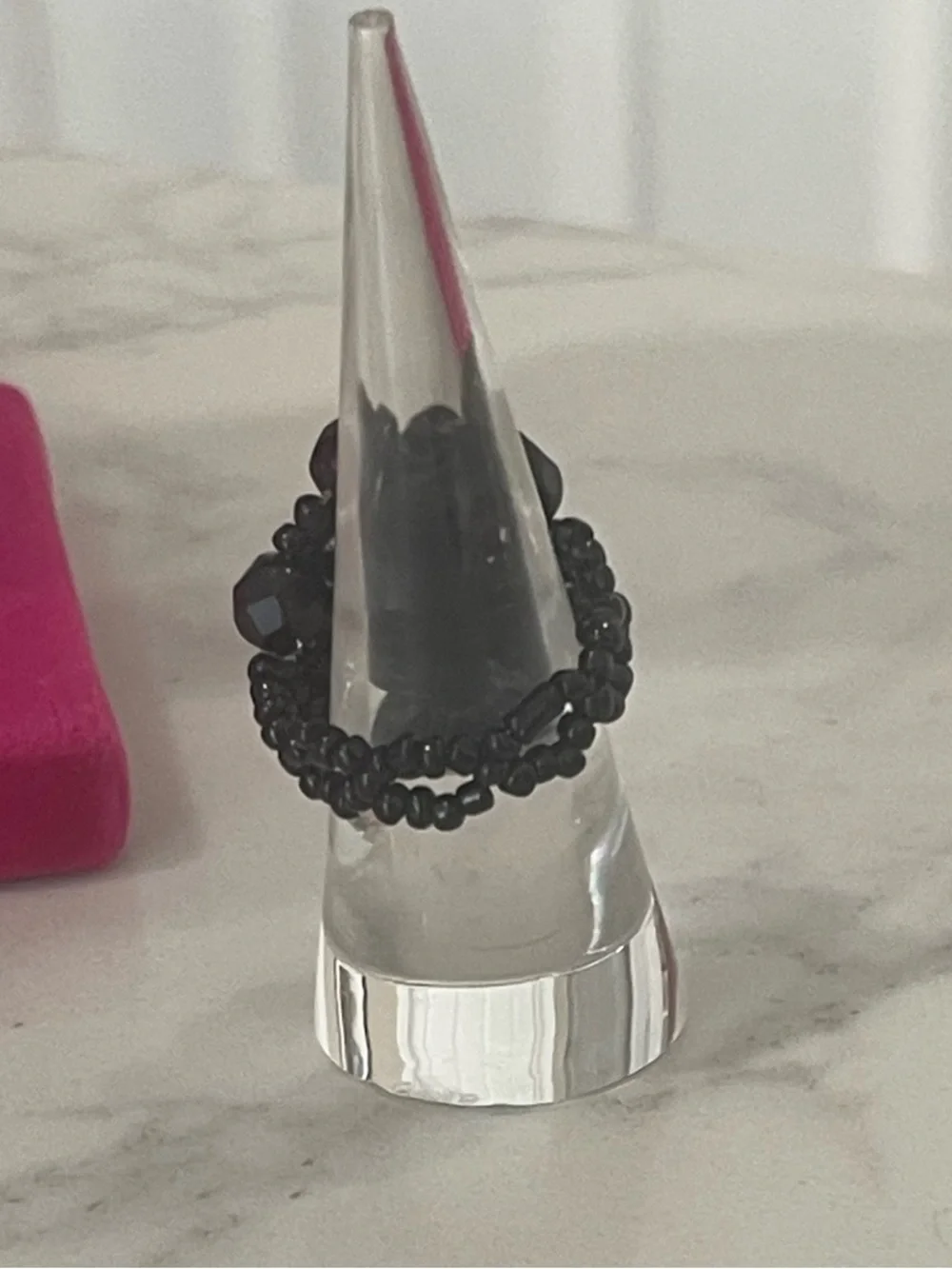 Black Beaded Bracelet Set with Silver Accents and Beaded Stretch Ring